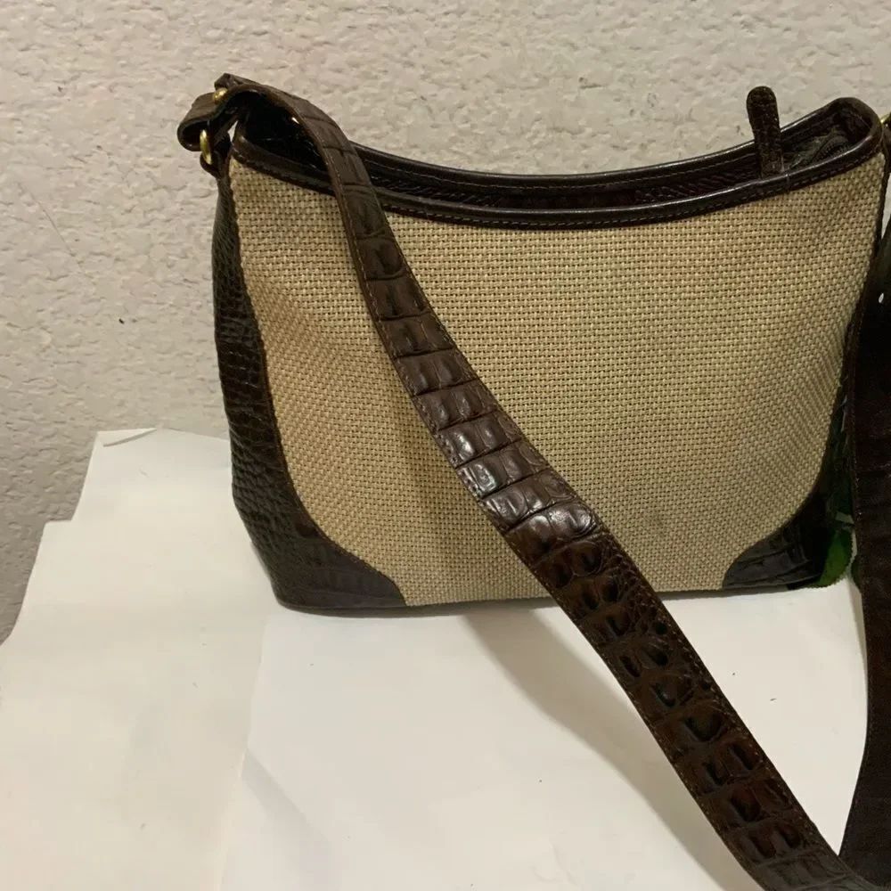 Brahmin Shoulder Bag Canvas Embossed Leather brown tan